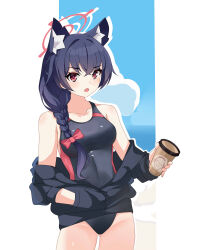 Rule 34 | 1girl, absurdres, animal ear fluff, animal ears, black hair, blue archive, blue sky, bow, bowtie, braid, breasts, cloud, competition swimsuit, cup, disposable coffee cup, disposable cup, doodle sensei (blue archive), hair bow, halo, hand in pocket, highres, holding, holding cup, jacket, maxwelzy, one-piece swimsuit, outdoors, red bow, red bowtie, red eyes, red halo, sensei (blue archive), serika (blue archive), sky, solo, swimsuit, white background