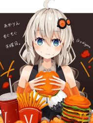 Rule 34 | 1girl, black dress, blue eyes, braid, breasts, commentary, cup, disposable cup, dress, drinking straw, eating, elbow gloves, fingerless gloves, food, french fries, gloves, grey hair, burger, highres, holding, holding food, kizuna akari, large breasts, long hair, looking at viewer, orange gloves, ringed eyes, sleeveless, sleeveless dress, solo, translated, twin braids, upper body, voiceroid, yukikasa