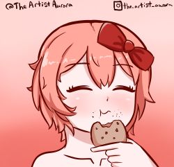 Rule 34 | artist name, bare shoulders, blush, bow, cheek bulge, chocolate chip cookie, closed eyes, closed mouth, collarbone, cookie, crumbs, doki doki literature club, eating, eyelashes, food, gradient background, hair bow, hand up, highres, holding, holding food, instagram username, pink hair, red background, red bow, sayori (doki doki literature club), shiny skin, short hair, standing, theartistaurora, topless, twitter username, wavy mouth
