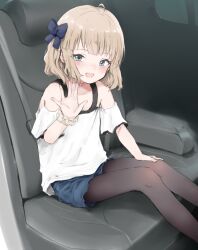 Rule 34 | 1girl, :d, ahoge, bare shoulders, black pantyhose, blue bow, blue eyes, blue shorts, blush, bow, brown hair, car interior, child, collarbone, commentary request, feet out of frame, hair bow, hand up, idolmaster, idolmaster million live!, looking at viewer, open mouth, pantyhose, pantyhose under shorts, ripu (lipi), scrunchie, shirt, short shorts, shorts, smile, solo, suou momoko, white scrunchie, white shirt, wrist scrunchie