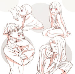 Rule 34 | 1boy, 2girls, age progression, aged down, baby, bad id, bad pixiv id, carrying, child, child carry, emiya kiritsugu, family, fate/zero, fate (series), father and daughter, husband and wife, illyasviel von einzbern, irisviel von einzbern, irisviel von einzbern (angel&#039;s song), monochrome, mother and daughter, multiple girls, partially colored, red eyes, red theme, taa (acid), white hair