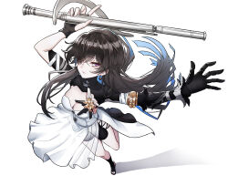 Rule 34 | 1girl, absurdres, black gloves, black hair, blue hair, breasts, cleavage, colored inner hair, dress, earrings, fingerless gloves, flute, gloves, gradient hair, highres, holding, holding instrument, instrument, jewelry, kongbai huanxiang, long hair, mechanical arms, medium breasts, multicolored hair, punishing: gray raven, selena (punishing: gray raven), single mechanical arm, solo, white background, white dress