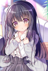 Rule 34 | 1girl, black hair, black skirt, blurry, blurry background, blush, brown eyes, center frills, collared shirt, commentary request, couch, depth of field, frilled shirt collar, frills, grey jacket, hair between eyes, highres, holding, holding pencil, jacket, long hair, long sleeves, looking at viewer, mechanical pencil, neko pan, on couch, open clothes, open jacket, original, parted lips, pencil, pillow, pleated skirt, shirt, sitting, skirt, sleeves past wrists, solo, very long hair, white shirt