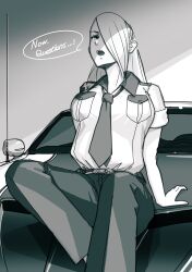 Rule 34 | 1girl, 959, belt, breasts, car, collared shirt, english text, hair behind ear, highres, leaning back, long hair, medium breasts, motor vehicle, on vehicle, open mouth, original, pants, police, police uniform, policewoman, shirt, shirt tucked in, sitting, solo, speech bubble, uniform