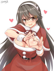 Rule 34 | 1girl, belt, black hair, breasts, brown eyes, capelet, cleavage, dress, fur-trimmed capelet, fur-trimmed dress, fur trim, gloves, hair ornament, hairband, hairclip, haruna (kancolle), heart, heart hands, highres, kantai collection, large breasts, long hair, looking at viewer, one-hour drawing challenge, red capelet, red dress, red gloves, santa costume, santa dress, simple background, solo, strapless, strapless dress, takase muh, white background, white hairband