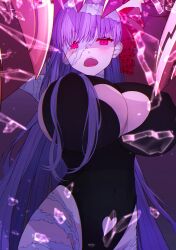 Rule 34 | 1girl, absurdres, app filter, bandage over one eye, bare shoulders, black leotard, blush, breasts, broken glass, claw (weapon), claws, cleavage, cleavage cutout, clothing cutout, fate/extra, fate/extra ccc, fate/grand order, fate (series), glass, glass shards, hair ribbon, highleg, highleg leotard, highres, huge breasts, kake udon, leotard, long hair, looking at viewer, open mouth, passionlip (fate), pink eyes, pink ribbon, purple hair, ribbon, shards, shattered, solo, very long hair, weapon