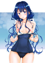 Rule 34 | 1girl, absurdres, adagaki aki, blue eyes, blue hair, blush, bow, breasts, breasts out, collarbone, cowboy shot, hair bow, highres, letterboxed, long hair, looking at viewer, low twintails, masamune-kun no revenge, nipples, outside border, parted lips, ritsumama 2013, school swimsuit, small breasts, solo, standing, swimsuit, twintails, untied swimsuit, white bow, wispy bangs
