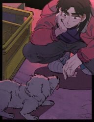 Rule 34 | 1boy, black border, black eyes, black hair, black pants, black shirt, blue footwear, bomber jacket, border, brown jacket, closed mouth, commentary request, crate, dog, expressionless, facial scar, fingernails, full body, hand on own cheek, hand on own face, inudori, itou kaiji, jacket, kaiji, long hair, long sleeves, looking at animal, male focus, medium bangs, pants, parted bangs, scar, scar on cheek, scar on face, shirt, shoes, sneakers, solo, squatting