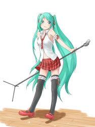 Rule 34 | 1girl, aqua eyes, aqua hair, arm garter, black thighhighs, full body, hair ribbon, hatsune miku, jaco, long hair, mary janes, microphone, microphone stand, necktie, ribbon, ribbon-trimmed thighhighs, ribbon trim, shoes, simple background, skirt, solo, standing, thighhighs, twintails, very long hair, vocaloid, white background, wooden floor