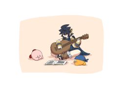 Rule 34 | 3boys, angel, angel wings, armband, bandana, bandana waddle dee, black hair, dark pit, guitar, highres, holding, holding instrument, instrument, kid icarus, kid icarus uprising, kirby, kirby (series), laurel crown, multiple boys, music, nintendo, notebook, on floor, open mouth, playing instrument, reading, short hair, simple background, trlr, tunic, wings