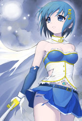 Rule 34 | amane satsuki, bare shoulders, belt, blue eyes, blue hair, breasts, buckle, cape, capelet, elbow gloves, fortissimo, frilled shirt, frills, from below, gloves, hair ornament, hairclip, holding, holding sword, holding weapon, magical girl, mahou shoujo madoka magica, mahou shoujo madoka magica (anime), mahou shoujo madoka magica movie 1 &amp; 2, midriff, miki sayaka, miniskirt, musical note, musical note hair ornament, sad, shirt, short hair, skirt, small breasts, solo, soul gem, sword, thighs, torn clothes, weapon