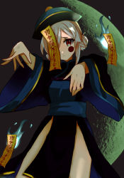 Rule 34 | 1girl, chinese clothes, frown, guardian tales, hair over one eye, hand up, hat, highres, hitodama, jiangshi, looking at viewer, maritikaand, official alternate costume, ofuda, one eye covered, outstretched arms, red eyes, scrivener lahn, simple background, white hair, zombie pose