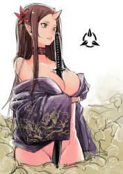 Rule 34 | 1girl, absurdres, between breasts, breasts, brown hair, choker, cleavage, closed mouth, cowboy shot, crossed arms, female focus, flower, from side, functionally nude, green eyes, hair flower, hair ornament, happy, highres, holding, holding sword, holding weapon, horns, japanese clothes, katana, kimono, large breasts, long hair, looking to the side, monster girl, naked kimono, no bra, no panties, off shoulder, oni, oni girl, oni horns, open clothes, open kimono, original, partially undressed, pointy ears, scabbard, sheath, sheathed, shiro shougun, short kimono, simple background, single horn, sketch, smile, smoke, solo, standing, sword, weapon, white background