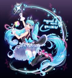 Rule 34 | 1girl, bad id, bad pixiv id, black bow, black footwear, blue bow, blue eyes, blue hair, blush, boots, bow, gloves, hair bow, hatsune miku, headphones, high heel boots, high heels, highres, index finger raised, knee boots, long hair, looking at viewer, magical mirai (vocaloid), magical mirai miku, magical mirai miku (2016), ozzingo, pantyhose, parted lips, smile, solo, twintails, vocaloid, white gloves, white pantyhose