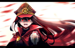 Rule 34 | 1girl, absurdres, artist name, brown hair, cape, fangs, fate/grand order, fate (series), foreshortening, gar32, hair between eyes, hat, highres, katana, letterboxed, oda nobunaga (fate), oda nobunaga (koha-ace), open mouth, red cape, red eyes, shaded face, solo, sword, weapon