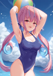 Rule 34 | 1girl, :d, armpits, arms up, ball, bare arms, beachball, blue hair, blue one-piece swimsuit, blue sky, blush, braid, breasts, cleavage, cloud, cloudy sky, covered navel, day, highres, holding, holding ball, hololive, long hair, looking at viewer, medium breasts, milkshakework, minato aqua, multicolored hair, one-piece swimsuit, open mouth, outdoors, pink hair, purple eyes, sidelocks, sky, smile, solo, streaked hair, swimsuit, twintails, two-tone hair, very long hair, virtual youtuber, water