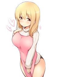 Rule 34 | 10s, 1girl, apron, ass, black panties, blonde hair, blush, breasts, brown eyes, closed mouth, commentary request, grey sweater, hair between eyes, hand on own chest, hand up, heart, highres, large breasts, long hair, long sleeves, no pants, panties, pink apron, ribbed sweater, sleeves past wrists, smile, solo, sunohara ayaka, sunoharasou no kanrinin-san, sweater, turtleneck, turtleneck sweater, underwear, yuu (yumezakura)