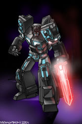 Rule 34 | 2000s (style), absurdres, black background, clenched hand, commentary, decepticon, english commentary, highres, holding, holding sword, holding weapon, looking down, makoto ono, mecha, nemesis prime, no humans, purple background, red eyes, robot, science fiction, solo, standing, sword, transformers, transformers car robots, two-tone background, weapon