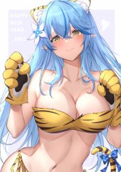 Rule 34 | 1girl, animal ear fluff, animal hands, animal print, bikini, breasts, cleavage, commentary request, gloves, hair between eyes, highres, hololive, large breasts, long hair, menmen (menmen13s), navel, paw gloves, pointy ears, print bikini, side-tie bikini bottom, solo, stomach, swimsuit, tail, tiger print, tiger tail, very long hair, virtual youtuber, yukihana lamy