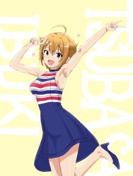 Rule 34 | 1girl, ahoge, armpits, arms up, bare shoulders, blonde hair, blush, breasts, cowboy shot, dot nose, double v, dress, eyelashes, flipped hair, hair between eyes, high heels, highres, ibuki tsubasa, idolmaster, idolmaster million live!, idolmaster million live! theater days, large breasts, matcha kingyo, official alternate costume, open mouth, red eyes, short hair, sidelocks, simple background, sleeveless, sleeveless dress, smile, solo, sparkle, standing, standing on one leg, v, yellow background