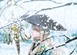 Rule 34 | 1girl, blonde hair, commentary request, day, hat, long hair, male focus, onmyoji, outdoors, rice hat, say hana, snow, snowing, solo, sunlight, tree, upper body