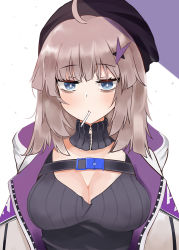 Rule 34 | 1girl, aa-12 (girls&#039; frontline), ahoge, bags under eyes, black headwear, black sweater, blue eyes, blush, breasts, bright pupils, brown hair, buckle, candy, cla (finesoda), cleavage, detached collar, expressionless, food, food in mouth, girls&#039; frontline, hair ornament, highres, jacket, large breasts, lollipop, long hair, looking at viewer, mouth hold, nipples, open clothes, open jacket, snap-fit buckle, solo, star (symbol), star hair ornament, sweater, two-tone background, upper body, white jacket, zipper, zipper pull tab