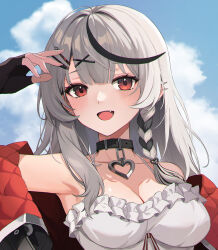 Rule 34 | 1girl, breasts, camisole, cleavage, frilled camisole, frills, grey hair, heart pendant, hololive, ku qiao kujo, long hair, looking at viewer, medium breasts, multicolored hair, off-shoulder jacket, off shoulder, red eyes, red nails, sakamata chloe, sakamata chloe (1st costume), solo, streaked hair, upper body, virtual youtuber, white camisole
