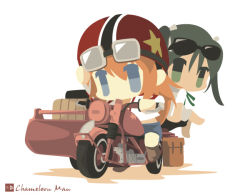 Rule 34 | 2girls, artist name, bad id, bad pixiv id, black hair, blue eyes, brown hair, chameleon man (three), charlotte e. yeager, chibi, driving, eyewear on head, flat color, francesca lucchini, goggles, goggles on head, green eyes, helmet, long hair, motor vehicle, motorcycle, motorcycle helmet, multiple girls, no lineart, shorts, simple background, strike witches, sunglasses, vehicle, white background, world witches series