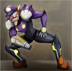 Rule 34 | 1boy, adapted costume, arm cannon, commentary, cosplay, english commentary, facial hair, full body, grin, hat, highres, long nose, male focus, mario (series), metroid, mustache, nintendo, otakuap, pointy ears, pointy footwear, power suit (metroid), samus aran, samus aran (cosplay), signature, smile, solo, squatting, waluigi, weapon