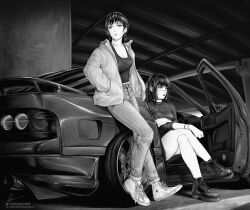 Rule 34 | 2girls, absurdres, against vehicle, alternate costume, bare legs, black footwear, black hair, black lips, blunt bangs, boots, bracelet, breasts, car, chainsaw man, choker, cleavage, closed mouth, cross-laced footwear, crossed legs, denim, earrings, exhaust pipe, expressionless, full body, greyscale, hands in pockets, highres, instagram username, jacket, jeans, jewelry, lace-up boots, leaning, leaning against vehicle, leaning on object, long hair, looking away, low twintails, marvin (omarvin), medium breasts, mitaka asa, monochrome, motor vehicle, multiple girls, open clothes, open door, open jacket, pants, scar, scar on face, shoes, signature, sitting, sneakers, spoiler (automobile), sports car, stud earrings, tail lights, tank top, twintails, twitter username, vehicle request, white footwear, yoru (chainsaw man), zipper footwear