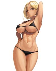 Rule 34 | 1girl, abs, arm up, armpits, bikini, black bikini, blonde hair, blush, breasts, brown eyes, cleavage, hand on own hip, large breasts, legs together, looking at viewer, micro bikini, muscular, navel, original, parted bangs, parted lips, ranma (kamenrideroz), short hair, simple background, solo, standing, string bikini, swimsuit, thighs, white background