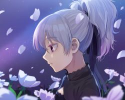Rule 34 | 1girl, black ribbon, closed mouth, colored eyelashes, darker than black, flower, from side, gradient hair, hair ribbon, half-closed eyes, kamille (vcx68), multicolored hair, night, night sky, outdoors, petals, pink lips, profile, purple eyes, purple hair, ribbon, short hair, short ponytail, silver hair, sky, solo, sparkle, upper body, white flower, yin (darker than black)