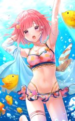 Rule 34 | 1girl, bikini, blush, breasts, highres, looking at viewer, navel, omurais kcp, ootori emu, open mouth, pink eyes, pink hair, project sekai, purple eyes, short hair, solo, swimsuit
