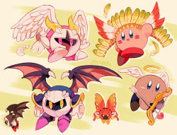 Rule 34 | :d, angel wings, armor, armored boots, arrow (projectile), blue eyes, blush, blush stickers, boots, bow (weapon), butterfly wings, closed mouth, commentary request, copy ability, cupid kirby, dark meta knight, facepaint, falling feathers, feathered wings, feathers, flying, galacta knight, gloves, halo, headdress, heart, heart arrow, highres, holding, holding arrow, holding bow (weapon), holding weapon, horns, insect wings, kirby, kirby (series), looking at viewer, mask, meta knight, morpho knight, native american headdress, nintendo, no humans, open mouth, pink eyes, purple footwear, purple wings, red wings, shadow kirby, shoulder armor, smile, tokuura, weapon, white gloves, white wings, wing kirby, wings, yellow eyes, yellow footwear, yellow horns