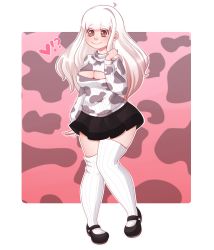 Rule 34 | 1girl, ahoge, animal print, black footwear, black skirt, blunt bangs, blush, border, breasts, brown eyes, buttingston, cleavage, cleavage cutout, closed mouth, clothing cutout, commentary, cow print, curvy, english commentary, eyes visible through hair, full body, furrowed brow, gradient background, hair intakes, hand up, heart, heart in eye, highres, large breasts, long hair, long sleeves, mary janes, miniskirt, original, outline, outside border, outstretched hand, pigeon-toed, pleated skirt, print sweater, ribbed sweater, shoes, simple background, skirt, smile, solo, standing, standing on one leg, sweater, symbol in eye, tareme, thighhighs, turtleneck, turtleneck sweater, wavy mouth, white border, white hair, white outline, white sweater, white thighhighs, wide hips, zettai ryouiki