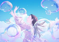 Rule 34 | 1girl, ajimita, arms up, back, black hair, blue theme, bubble, closed eyes, cloud, day, dress, from side, long hair, open mouth, original, signature, sky, smile, solo, upper body, white dress