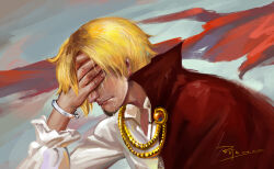 Rule 34 | 1boy, absurdres, blonde hair, chinese commentary, closed mouth, commentary request, covering own eyes, crying, dated, facial hair, from side, goatee, highres, ljjshmhday, male focus, one piece, sanji (one piece), short hair, signature, solo, streaming tears, tears