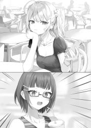 Rule 34 | 2girls, absurdres, ahoge, bare arms, bare shoulders, blunt bangs, bracelet, breasts, cellphone, chair, cleavage, collarbone, commentary request, cup, drink, drinking straw, earpiece, earrings, glasses, greyscale, hair between eyes, hair bun, hair ornament, hairclip, hairpin, hand on own chin, hand up, head tilt, highres, holding, holding phone, jewelry, long hair, looking at viewer, medium breasts, medium hair, miyamae nonoa, momoko (momopoco), monochrome, multiple girls, necklace, open mouth, parted bangs, parted lips, phone, puffy short sleeves, puffy sleeves, semi-rimless eyewear, shirt, short sleeves, sidelocks, sitting, smartphone, star (symbol), star hair ornament, striped tank top, surprised, swept bangs, table, taniyama sayaka, tank top, teeth, upper teeth only