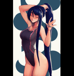 Rule 34 | 1girl, blue hair, breasts, closed eyes, collarbone, competition swimsuit, covered navel, eiyuu densetsu, eyebrows hidden by hair, falcom, hair tie, head tilt, holding, holding own hair, laura s. arseid, long hair, making-of available, medium breasts, one-piece swimsuit, open hand, ponytail, raichiyo33, sen no kiseki, smile, solo, swimsuit, tying hair, very long hair