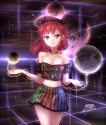Rule 34 | 1girl, bad id, bad pixiv id, bare shoulders, black shirt, blue skirt, breasts, chain, checkered clothes, checkered skirt, choker, cleavage, clothes writing, collarbone, earth (ornament), english text, galaxy, glowing, green skirt, hecatia lapislazuli, looking at viewer, minust, moon (ornament), multicolored clothes, multicolored skirt, off shoulder, parted lips, red eyes, red hair, red skirt, shirt, short hair, skirt, solo, standing, touhou