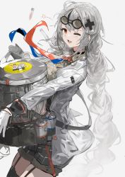 Rule 34 | 1girl, absurdres, alchemaniac, blue necktie, braid, commentary, english commentary, gloves, goggles, goggles on head, grey background, grey hair, grey shorts, highres, holding, jacket, lab coat, long hair, necktie, nijisanji, nijisanji id, orange necktie, red eyes, shorts, smile, solo, test tube, twin braids, very long hair, virtual youtuber, white gloves, white jacket, xia ekavira