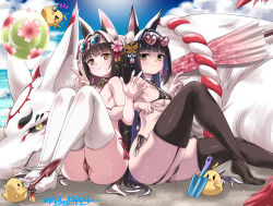 2girls animal_ear_fluff animal_ears ass azur_lane ball beach beachball bikini black_bikini black_hair black_thighhighs blush breasts brown_eyes cameltoe choker cloud commentary dated dated_commentary double_v eyewear_on_head feet flower fox fox_ears fox_girl garter_straps hair_flower hair_ornament highres knees_up legs locked_arms long_hair manjuu_(azur_lane) micro_bikini multiple_girls nagato_(azur_lane) nagato_(meta)_(azur_lane) no_shoes outdoors red_bikini side-tie_bikini_bottom signature sitting sky small_breasts smile sunglasses swimsuit thighhighs thighs umyonge_(lkakeu) v waving white_thighhighs