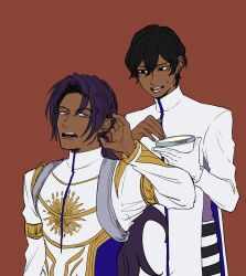 Rule 34 | 2boys, arjuna (fate), bhima (fate), bhima (second ascension) (fate), black hair, bowl, brothers, brown background, dark-skinned male, dark skin, fate/grand order, fate (series), gr msh, hair between eyes, highres, holding, holding bowl, long hair, long sleeves, looking at another, male focus, multiple boys, muscular, muscular male, ponytail, purple eyes, purple hair, short hair, siblings, simple background, upper body