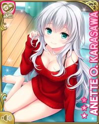 Rule 34 | 1girl, anette olga karasawa, blue eyes, bottomless, bra, breasts, card (medium), cleavage, closed mouth, day, girlfriend (kari), girlfriend note, indoors, long hair, looking at viewer, official art, qp:flapper, red sweater, rug, silver hair, sitting, smile, solo, sweater, tagme, underwear