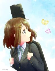 Rule 34 | 1girl, black jacket, blazer, blue ribbon, brown hair, bug, butterfly, collared shirt, commentary request, guitar case, highres, hirasawa yui, holding strap, insect, instrument case, jacket, k-on!, light blush, long sleeves, neck ribbon, outdoors, parted lips, pink butterfly, ribbon, sakuragaoka high school uniform, school uniform, shirt, short hair, sky, smile, solo, teeth, tmakatof, twitter username, upper body, upper teeth only, white shirt, yellow butterfly