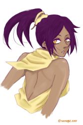 Rule 34 | 1girl, back, bare shoulders, bleach, dark skin, high ponytail, looking back, open clothes, open mouth, purple hair, scarf, shihouin yoruichi, slit pupils, upper body, yellow eyes