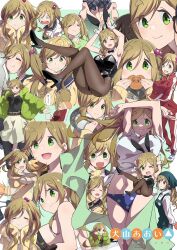 Rule 34 | 1girl, absurdres, animal ears, black bow, black bowtie, black footwear, black leotard, blush, bow, bowtie, breasts, brown pantyhose, cleavage, closed eyes, closed mouth, fake animal ears, fang, green eyes, green hair, hair bobbles, hair ornament, hairband, high heels, highres, inuyama aoi, jacket, large breasts, leotard, long hair, navel, one eye closed, open mouth, pantyhose, rabbit ears, red jacket, skin fang, smile, thick eyebrows, track suit, wrist cuffs, yasu (pixiv), yurucamp