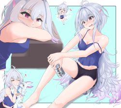Rule 34 | 1girl, :d, ahoge, bare shoulders, barefoot, beer can, black shorts, blue background, border, breasts, can, casual, chibi, chibi inset, closed eyes, collarbone, commentary request, contemporary, drink can, drunk, fate/grand order, fate (series), fou (fate), heart, highres, holding, holding can, long hair, medium breasts, merlin (fate/prototype), messy hair, multiple views, open mouth, pointy ears, puckered lips, purple eyes, purple shirt, shirt, shorts, silver hair, sitting, sleeveless, sleeveless shirt, smile, spaghetti strap, strap slip, tsuchinari yumiichi, very long hair, white border