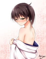 Rule 34 | 10s, 1girl, artist name, blush, brown eyes, brown hair, gradient background, haryuu (poetto), japanese clothes, kaga (kancolle), kantai collection, light smile, looking at viewer, looking to the side, nape, off shoulder, petals, pink background, shoulder blades, side ponytail, signature, smile, solo, undressing