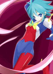 Rule 34 | 1girl, allenby beardsley, allenby beardsley (cosplay), blue bodysuit, blue eyes, blue hair, bodysuit, bow, bright pupils, cosplay, dorasan, expressionless, g gundam, gloves, gundam, highres, look-alike, matching hair/eyes, mobile trace suit, multicolored clothes, nishijima waon, precure, purple background, ribbon, short hair, solo, suite precure, yellow bow